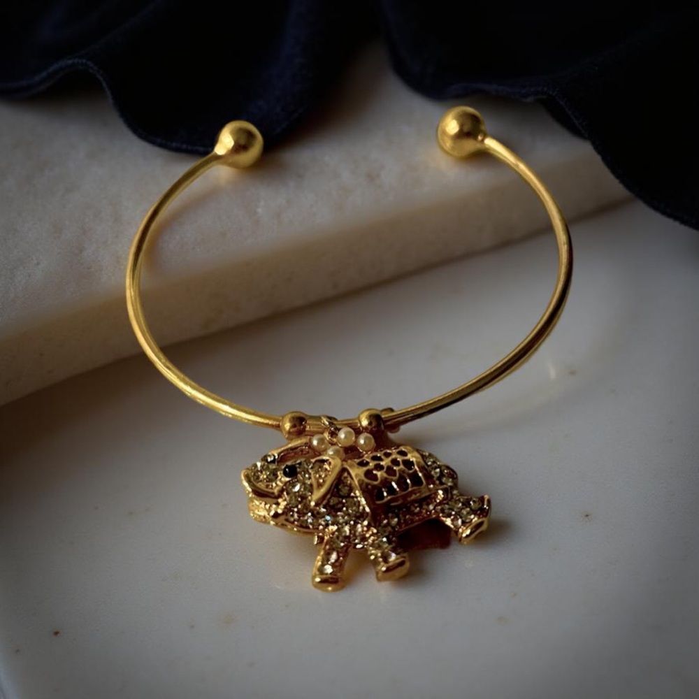 Gold Elephant Charm Cuff Bracelet | Rhinestone & Pearl Accents | Adjustable